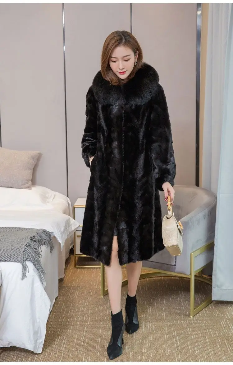 Frauen Echte Nerz Pelz Mäntel Lange Winter Jacken Echt Fox Pelz Kragen Dicke Warme Parka Mantel