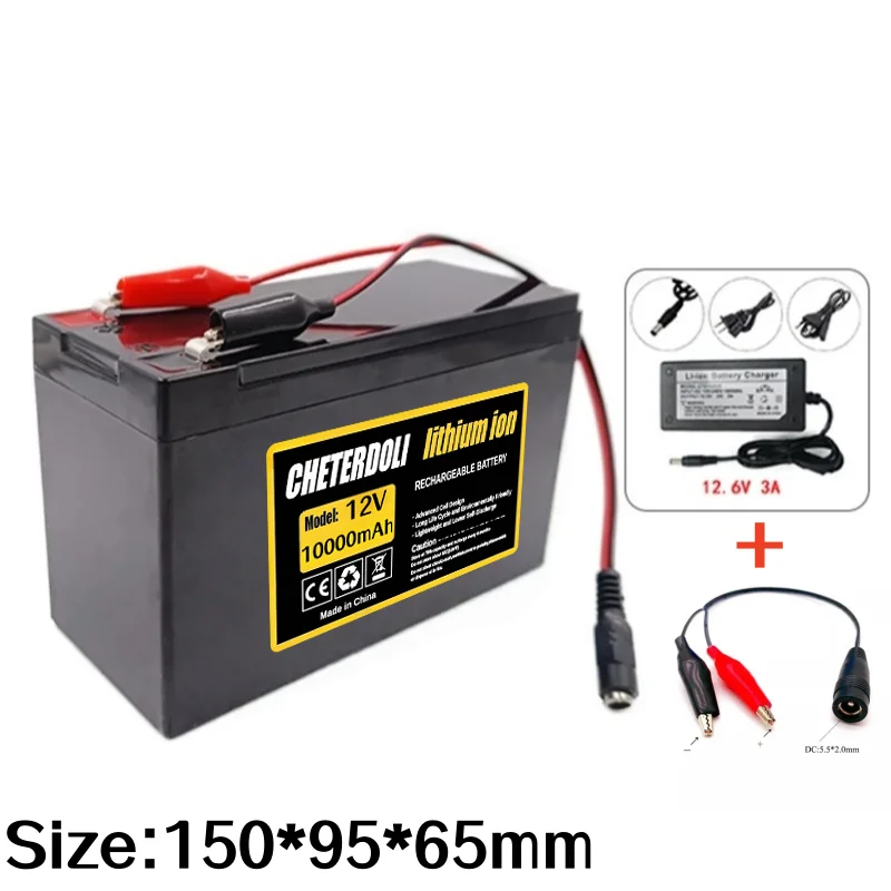 

12V 10000mAh (10Ah) 18650 Rechargeable Lithium Battery Pack Built-in High Current 10A + 12.6V Charger for Electric Vehicle Spray