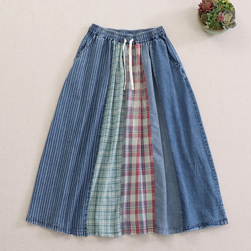 Spring Summer New Japanese Vintage Plaid Patchwork Denim Cotton Skirt Women Drawstring Waist Casual Loose A-Line Skirts