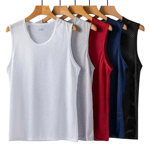 Men's Ice Silk Mesh Vest Lightweight Sports Summer Wear Sleeveless T-shirt Tank Top Casual Fashion Outerwear