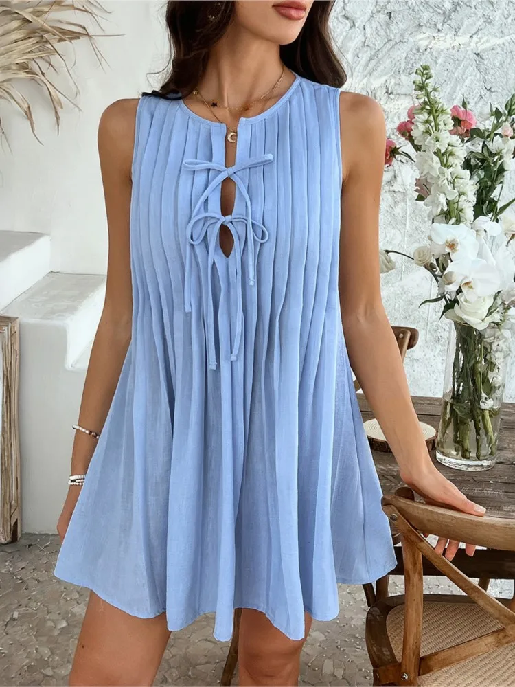 

2025 Summer New Fashion Bow Dress Casual Vacation Style Solid Color Lace-up Press-pleated Sleeveless Dress Short Skirt Females