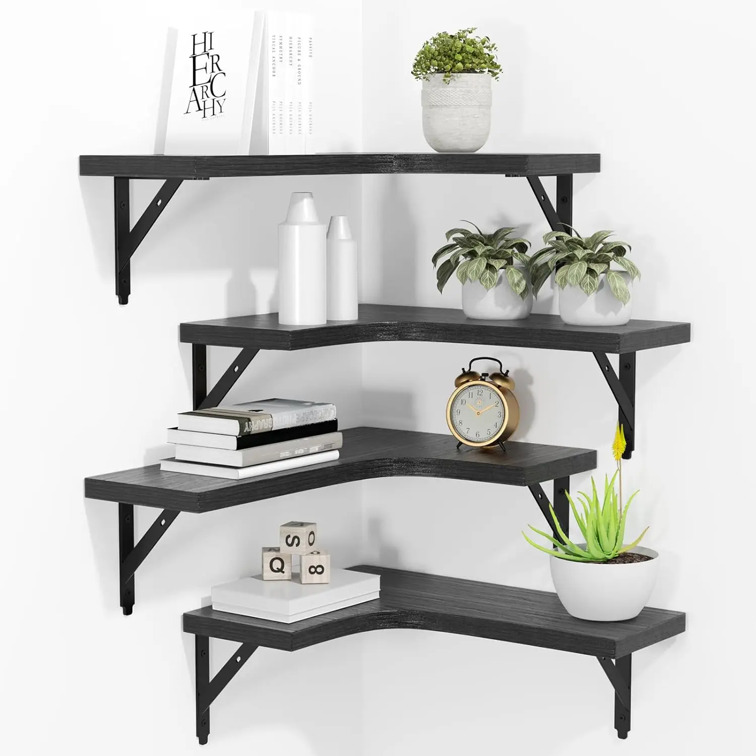 

Corner Floating Shelves Wall Mounted Set of 4, Rustic Wood Storage Display Wall Shelves for Home Decor, Bathroom, Kitchen