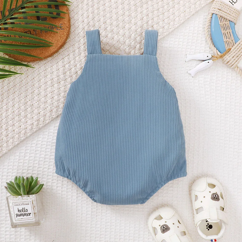 Baby Boys Blue Corduroy Cute Shark Towel Embroidered Suspender Bodysuits Children Home Activities Comfortable One-Pieces