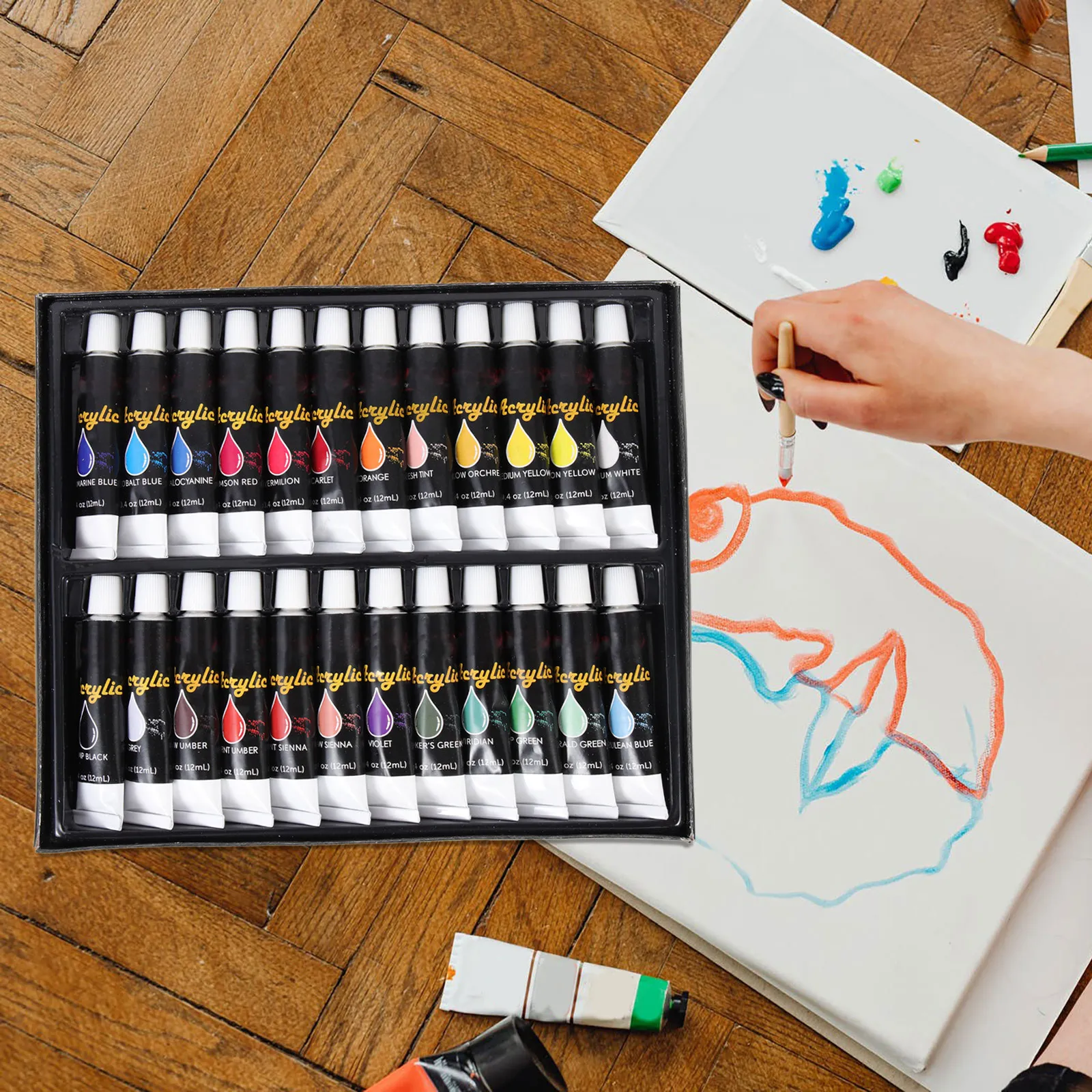 24Pcs Acrylic Paint Set Professional Grade Waterproof Pigments True Consistent Shades for Graffiti Practice Art