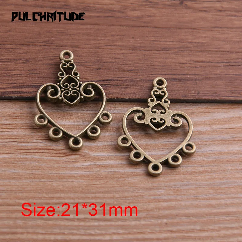 PULCHRITUDE 10pcs 21*31mm Two Color Zinc Alloy Vintage Hollow Herat Connectors Pendants Jewelry Making DIY Handmade Craft