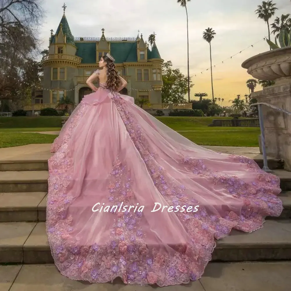 Roze Uit De Schouder Ruches Quinceanera Jurken Baljurk Kleurrijke 3D Bloemen Applicaties Lace Corset Vestidos Para Xv Años