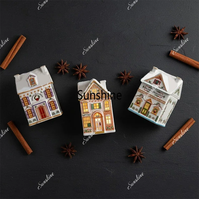 Holiday Village Spice House Set, Mini Christmas Gingerbread Houses Jars, Festive Decor Kitchen Countertop Candle.Y
