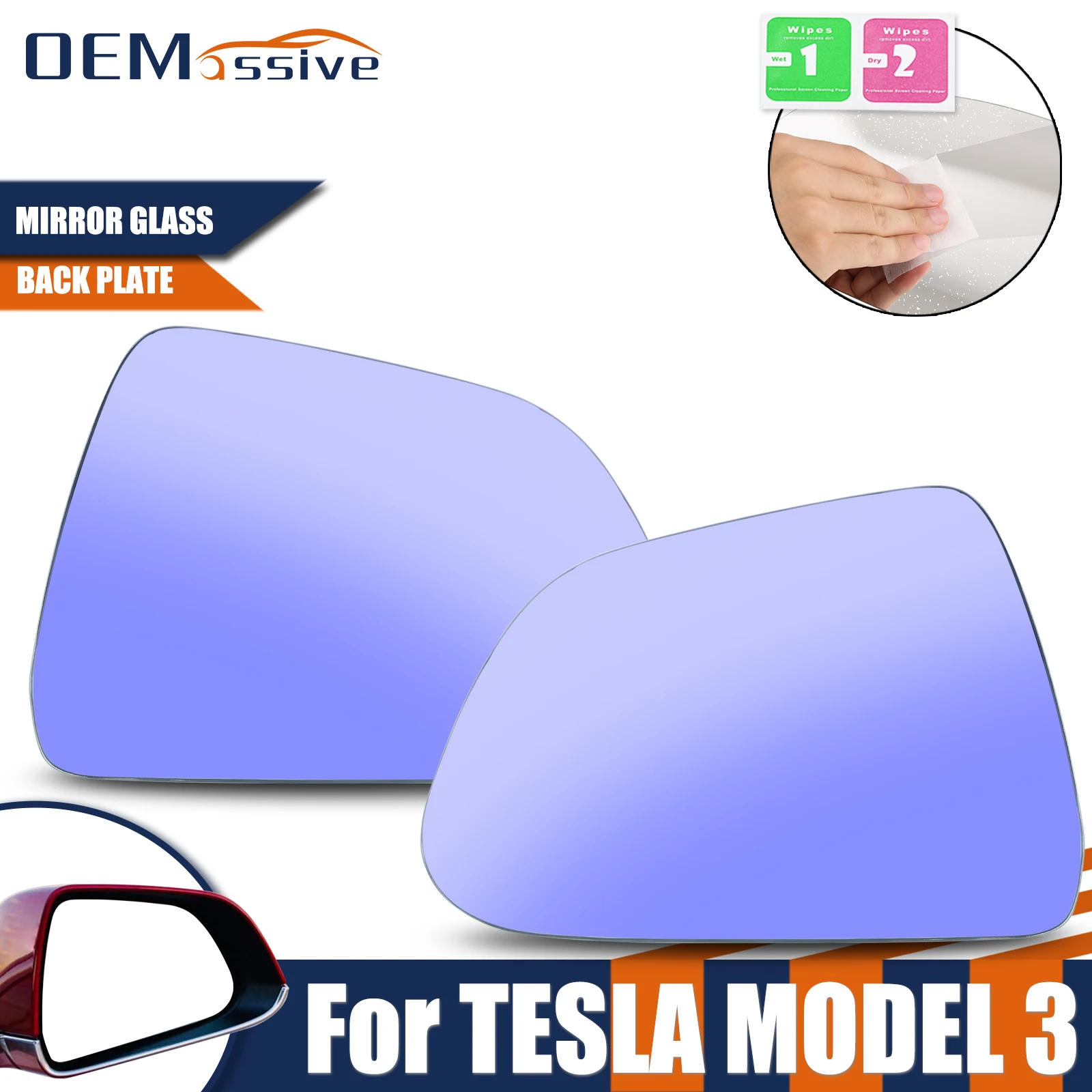 Left Right Side Wing Mirror Glass Blue White Rearview Anti-glare Convex Wide Angle Waterproof Heated For Tesla Model 3 2017-2024