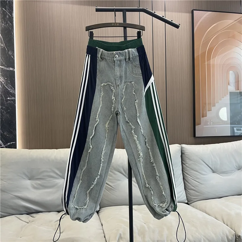 Unique Design Personality 2024 Spring And Summer New Jeans Double Elastic Waist Washed Denim Straight Leggings Women's Trousers