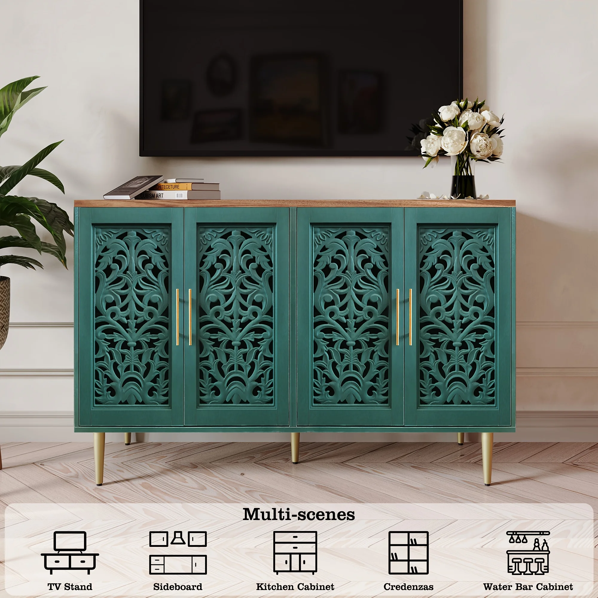 

47.8" Accent Cabinet with 4 Doors, Vintage Hollow Carving Buffet Cabinet, Sideboards And Buffets with Storage Credenza for