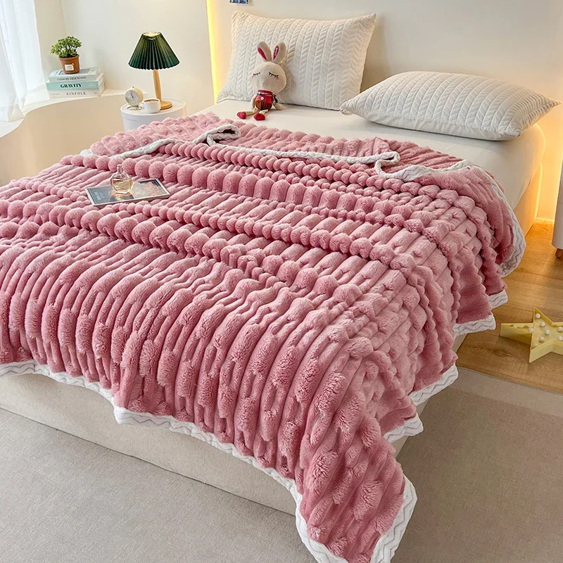 Kunst pelz Decke rosa, Luxus Decken weich flockig dicke warme Decke, dekorative strukturierte gestreifte Decken für Sofa, Betten