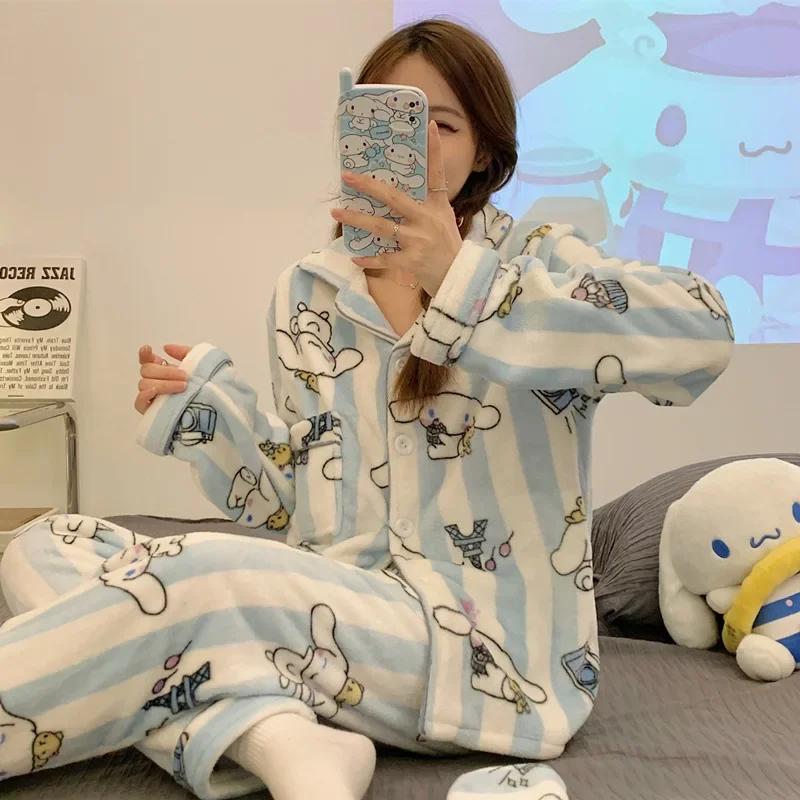 Anime Cinnamoroll Pajamas Suit Female Sanrio Kawaii Hello Kitty Kuromi Cartoon Winter Warm Flannel Homewear Clothes Girls Gift