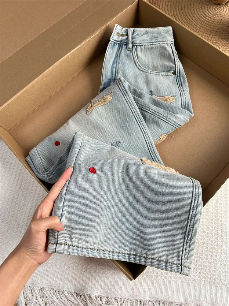 

High Waist Embroidered Dog Wide Leg Jeans Women's plus Size Slimming Straight Cut Floor-Length Trousers Casual Style Machine ...