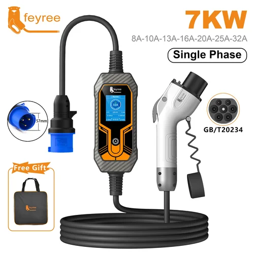 feyree GB/T コード 7KW 32A 1 相 EV 充電器 5 メートル充電ケーブルポータブル充電ボックス電流調整可能電気自動車車用