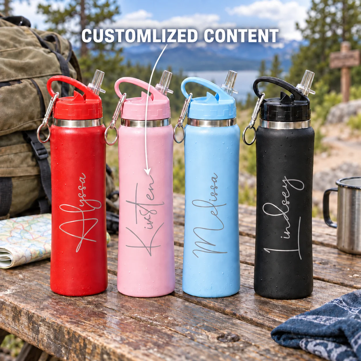 20oz Personalized Water Bottle Custom Name Stainless Steel with Straw Lid Carry Handle for Hiking Camping Travel Gift