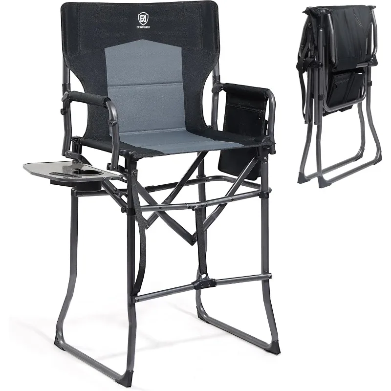 

EVER ADVANCED Portable 30.7" Seat Height Folding Camping Chair Directors Chair High Foldable Bar Stool w/ Side Table, Black Grey