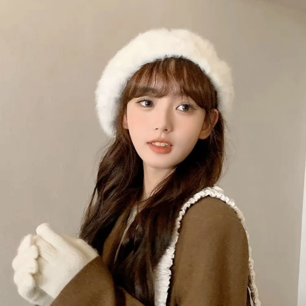 Autumn Winter Thick Plush Beret Hat Women Girl White Soft Imitation Rabbit Fur Warm Beret Fashion Solid Color Artist Painter Cap