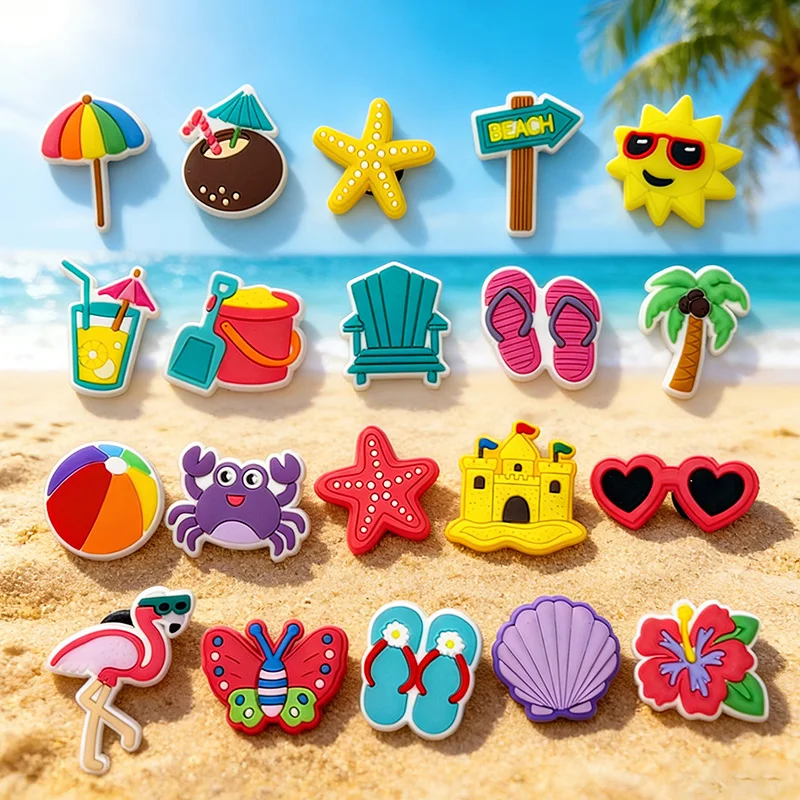 

20pcs Summer Beach Theme Shoe Charms Flamingo Coconut Tree Aloha Hawaiian Birthday Party Decoration PVC DIY Shoe Bracelets Gifts