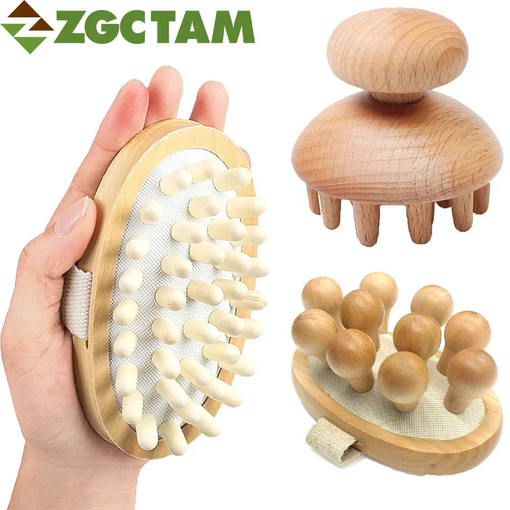 1Pcs Natural Wooden Massager Brush - Hand-Held Anti Cellulite Reduction Relieve Tense Muscles and Bones Head Scalp Massage Tool