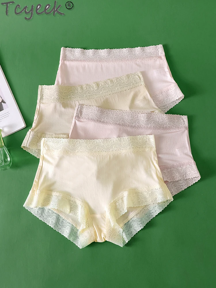 

Tcyeek 100% Mulberry Silk Woman Panties Lace Sexy Panties Plus Size High Waist Underpants for Woman High Quality Bragas Mujer