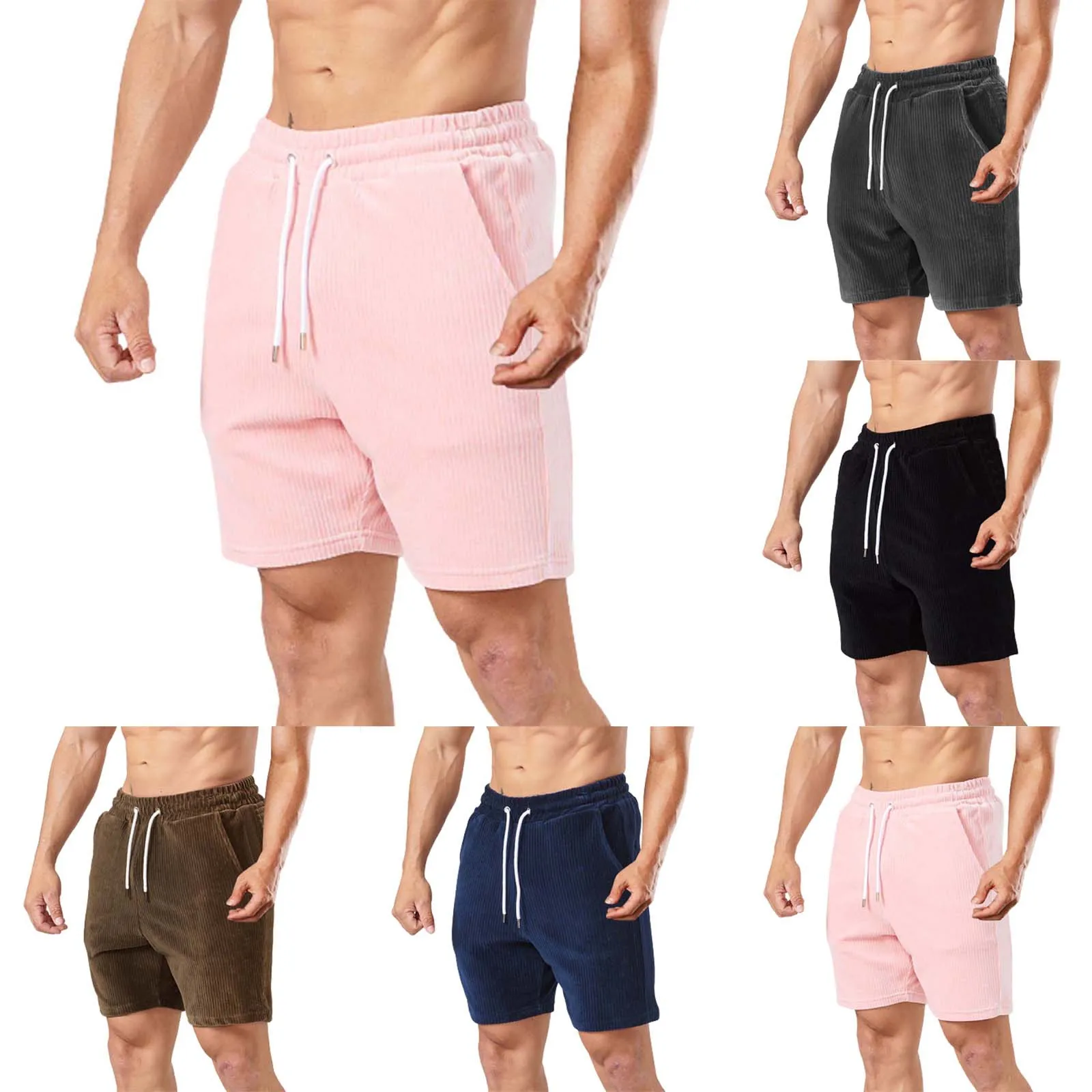 Pink Solid Color Shorts For Men\'s Summer Sports Gym Clothing Sexy Tight Lace-Up Male Causal Vacation Surfing Short Pants 2024