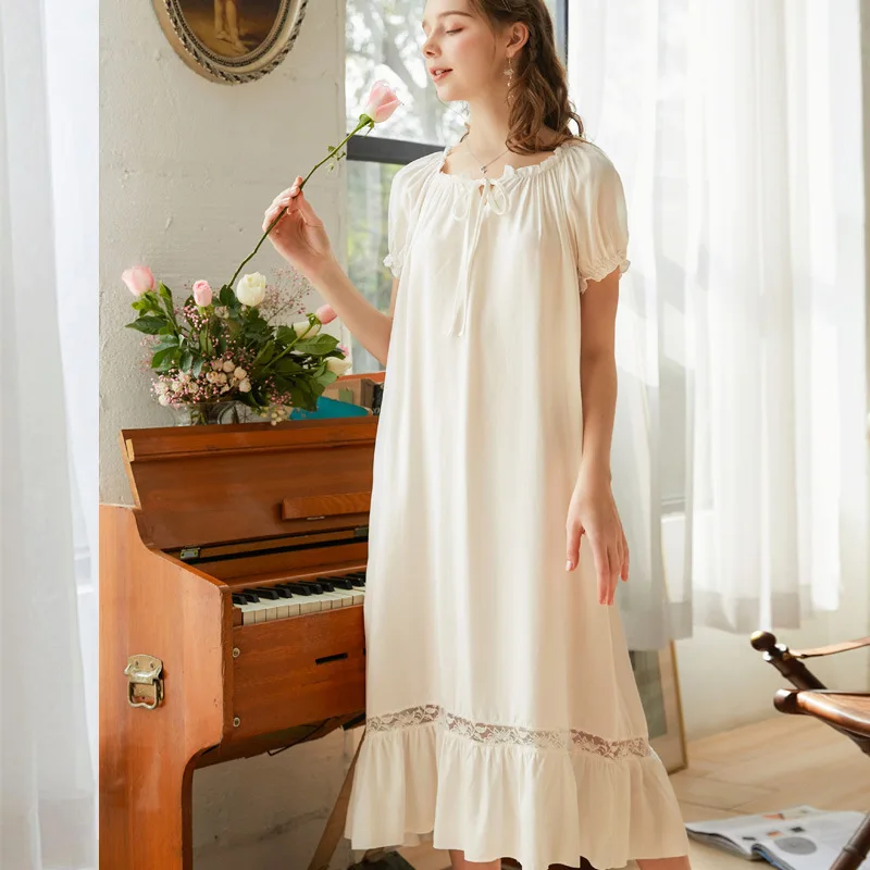 Sweet Lace Cotton Night Dress Women Long Robe Peignoir Vintage Victorian Nightgowns Princess Sleepwear Plus Size Sleeping Dress