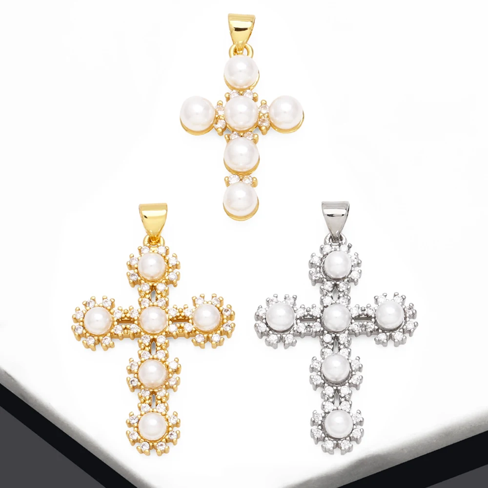 OCESRIO Big Beads Crystal Cross Pendant For Necklace Brass Gold Plated Crucifix Handmade DIY Jewelry Making Supplies Pdtb355