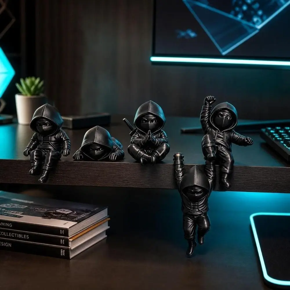5 pcs 3D Printing Ninja Ornaments Mini Hanging Decor Ninja Statue Funny Five Action Postures Monitor Top Decor Bookshelf