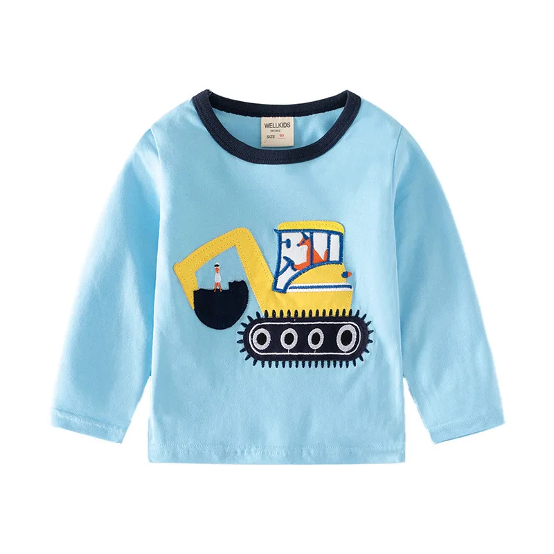 Spring Autumn Boys' Long Sleeve Casual Cotton Round Neck Cartoon Patch T-shirt Kids Color-Block Embroidered Top, Ages 3-8 Blue