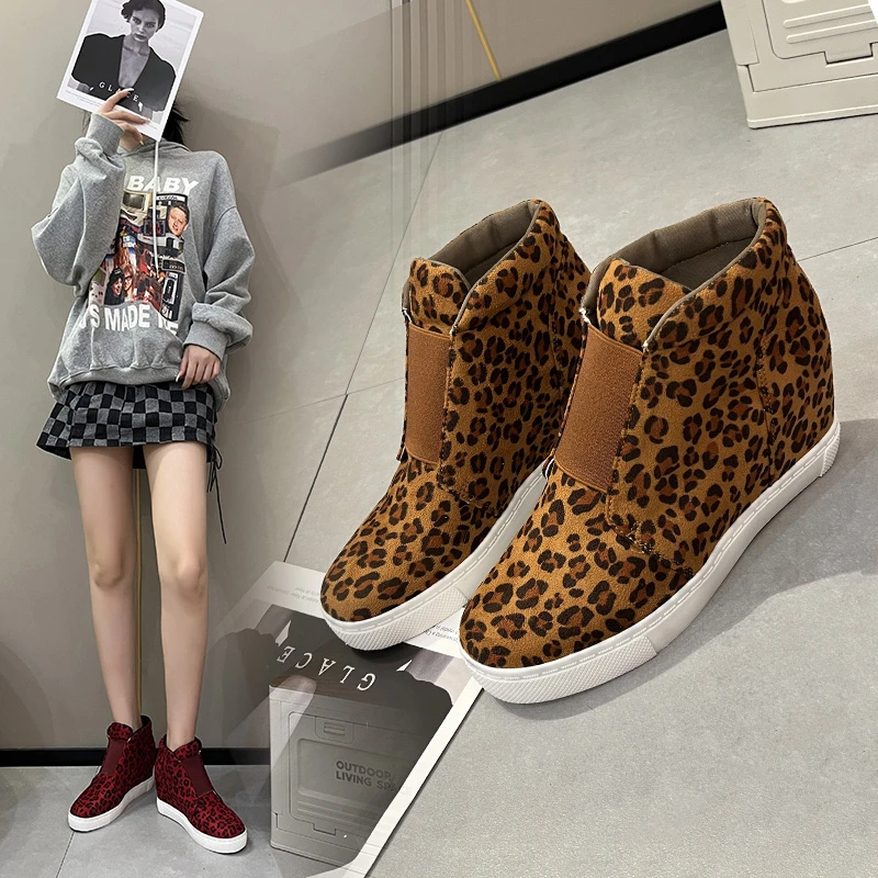 

Women Wedge Sneakers Autumn Leopard Print Side Zipper Vulcanized Shoes Round Head Casual Outside Comfy Flats Sapatos Femininas