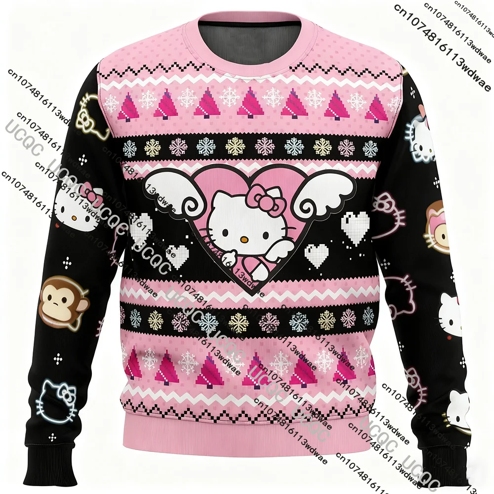 

Рождественский женский свитшот Sanrio Hello Kitty в стиле ретро, новый рождественский теплый пуловер с круглым вырезом, рождественский подарок для пары, свитшот