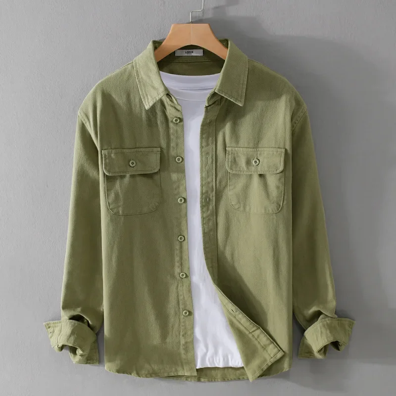 Spring Fall Long Sleeve Cargo Shirt Men Pure Cotton Tops Japanese Workwear Double Pockets Button Up Shirt Men Comfort Clothing