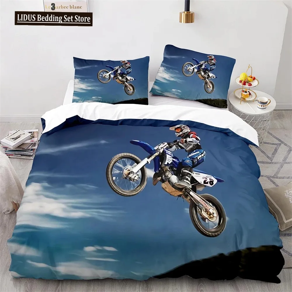 Dirt Bike Duvet Cover Set Motocross Rider Comforter Cover Motorcycle Extreme Sport Game Polyester Bedding Set For Kid Boys Teens