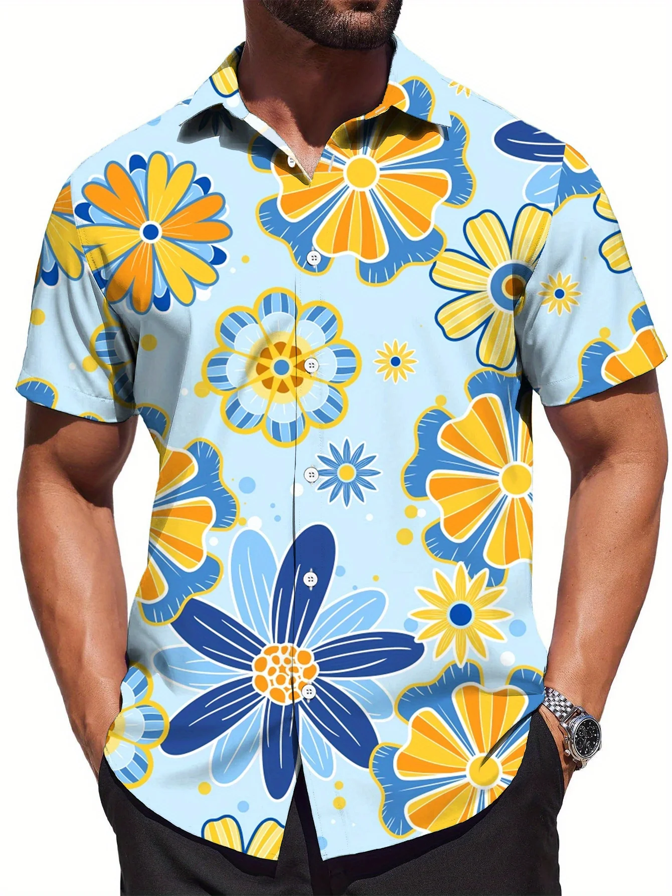 Men's Shirt Colorful Daisy Floral Print Short Sleeve Vacation Summer Holiday Bright Fresh Stylish Mens Clothing