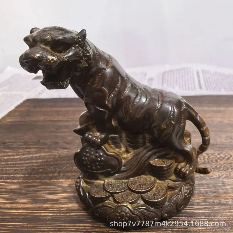 Brass craft with aged patina, lotus and tiger zodiac design, home decoration ornament