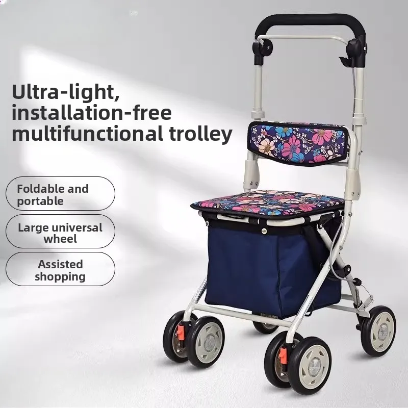 Foldable Rollator Walkers with Seat - Lightweight Shopping Cart,Portable Grocery Trolley, Sturdy Mobility Aid Walker for Elderly