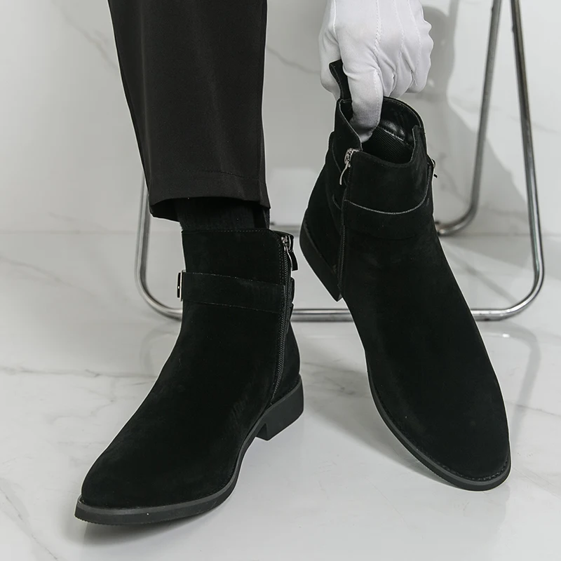 

Модные осенние дышащие деловые ботинки из матовой кожи с острым носком, новые мужские удобные высокие кожаные туфли с боковой молнией