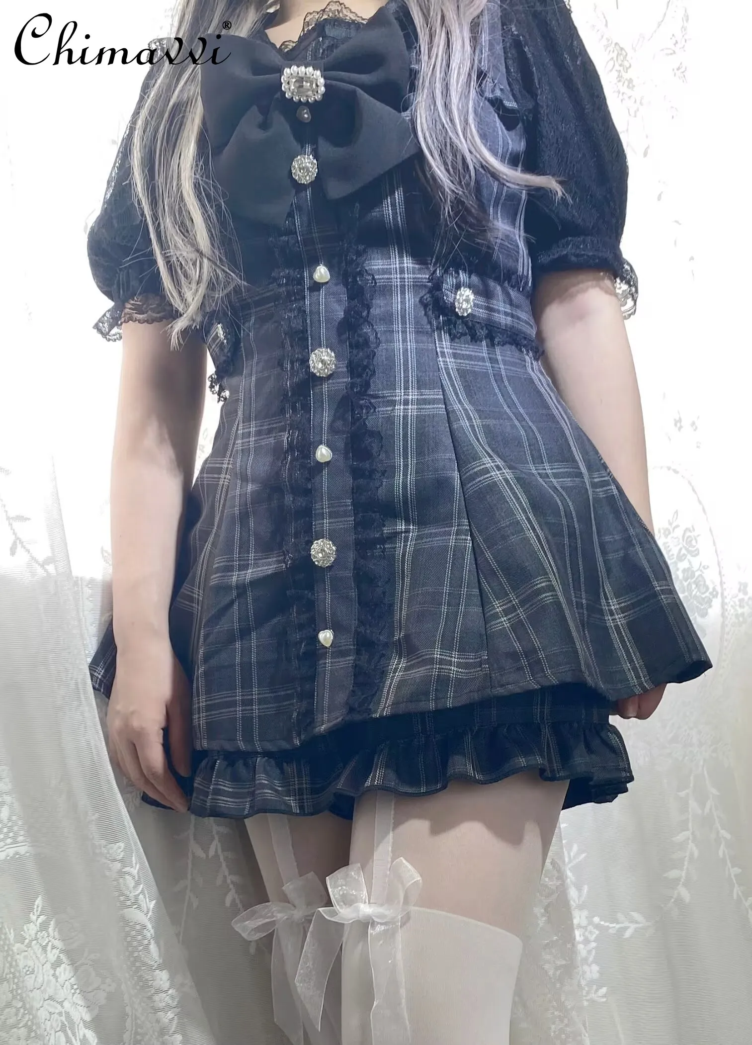 

Japanese Sweet Bow Sailor Collar Plaid Dress Top + Shorts Set 2025 Summer Elegant Slim Lolita Cute Girl Women Two-Piece Set