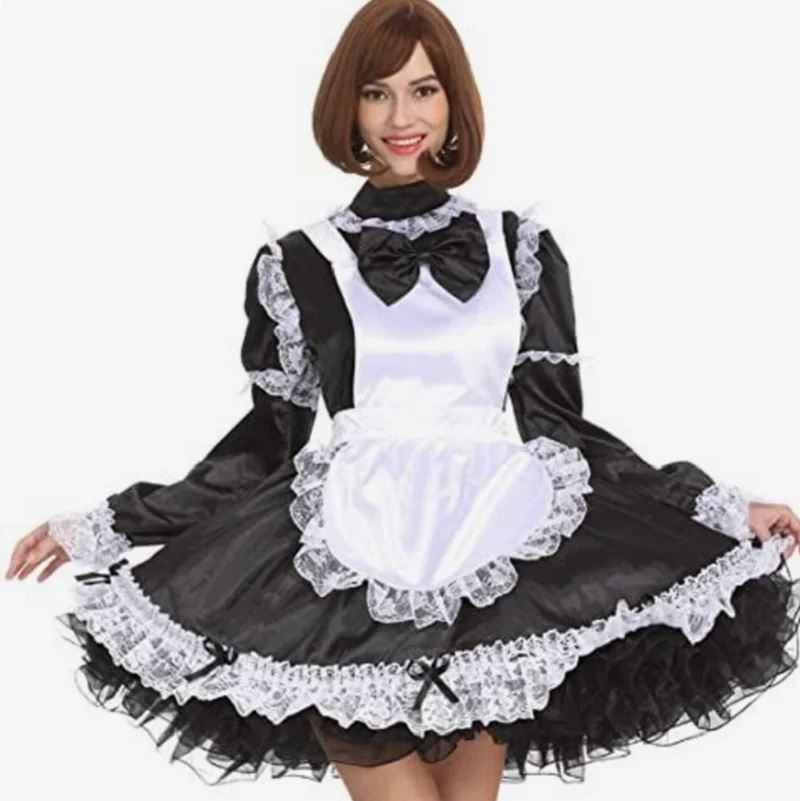 French Sexy Adult Customized fetishist Crossdressing Sissy Black White Satin Panel Long Sleeve Cuff Lace Fluffy Dress