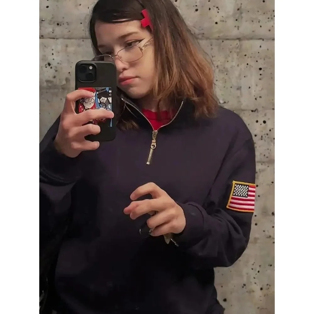 Vintage Embroidered Hoodies Women  Sweatshirt Stand Collar Quarter Zip Pullover Oversized Casual Sports Y2k Streetwear