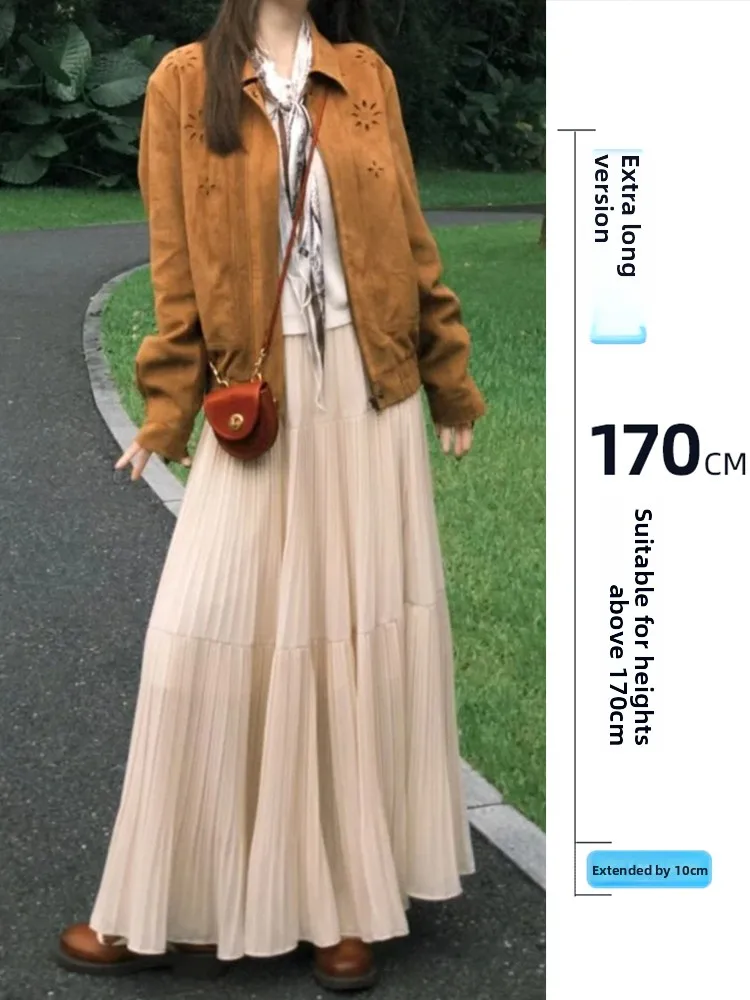 

Длинная плиссированная юбка цвета хаки 75 см, удлиненная версия, женская, осенняя, с эффектом похудения, А-силуэт, для повседневной носки, простая