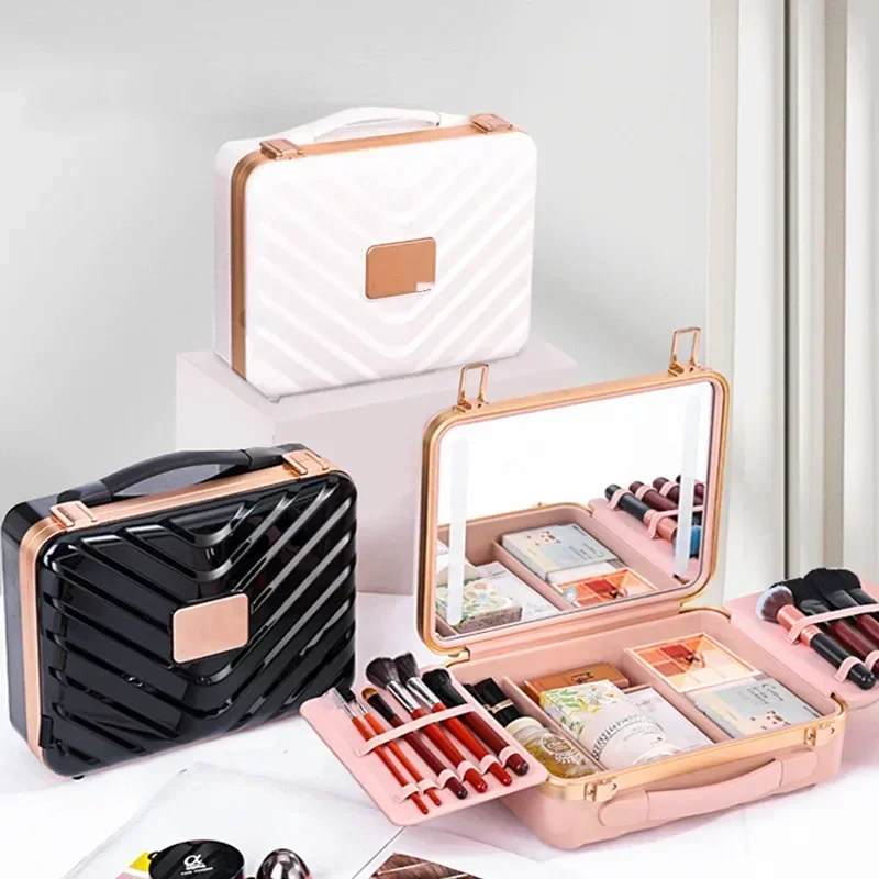 Smart LED Cosmetic Case with Mirror Large Capacity  Bag Cosmetic Case Travel Bags for Women Portable Storage Waterproof Bags