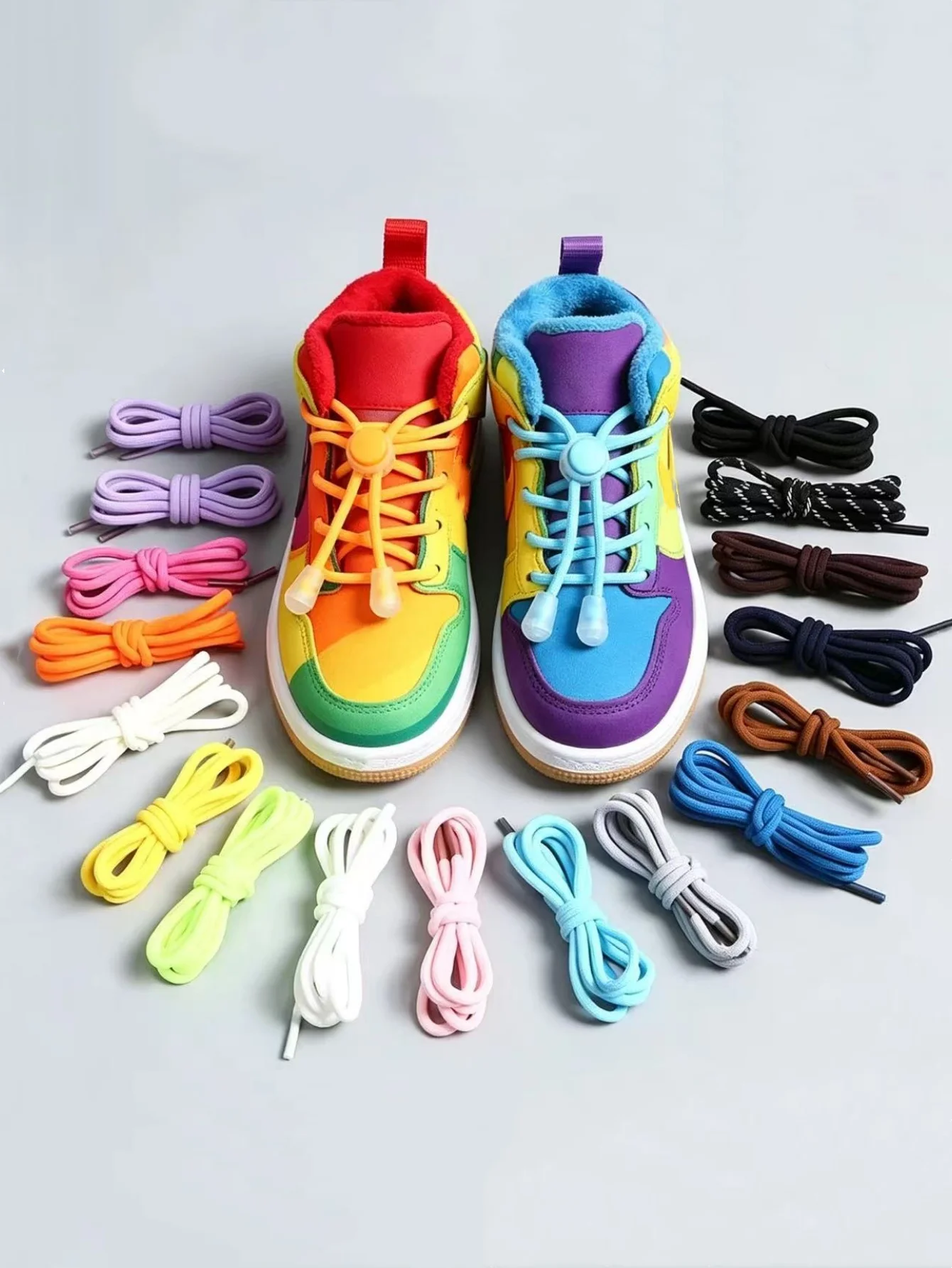 1 Pair of Colorful Spring-Lock Shoelaces, No Need to Tie, Round Elastic Shoelaces, Sneakers, No-Tie Shoelaces, Kids, Adults, Quick-Tie Shoelaces
