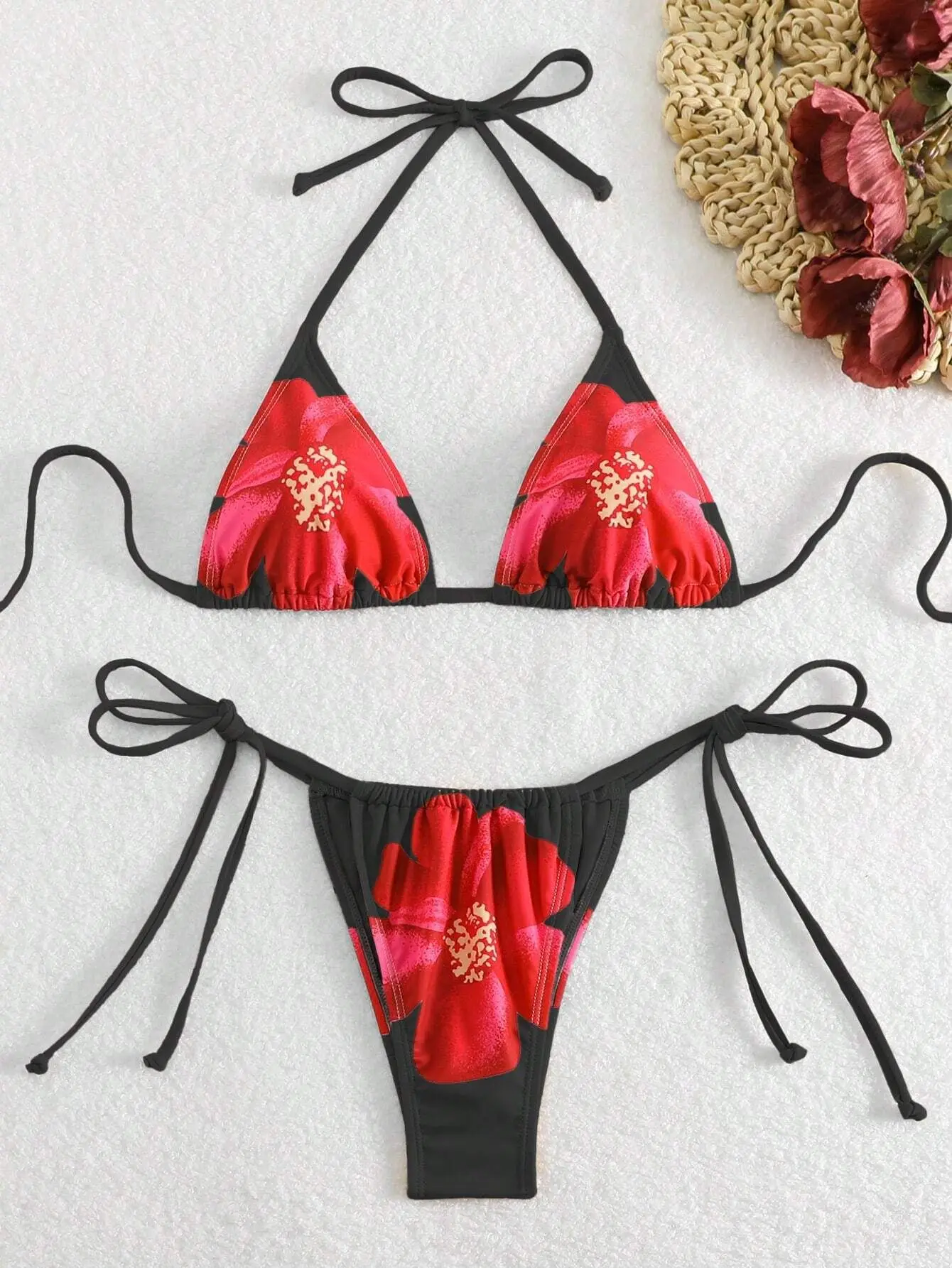 

Sexy Black Floral Print Bikini Set 2026 Women Push Up Bra Tie Side Thong Swimsuit Brazilian Bathing Suit Bandage Micro Swimwear