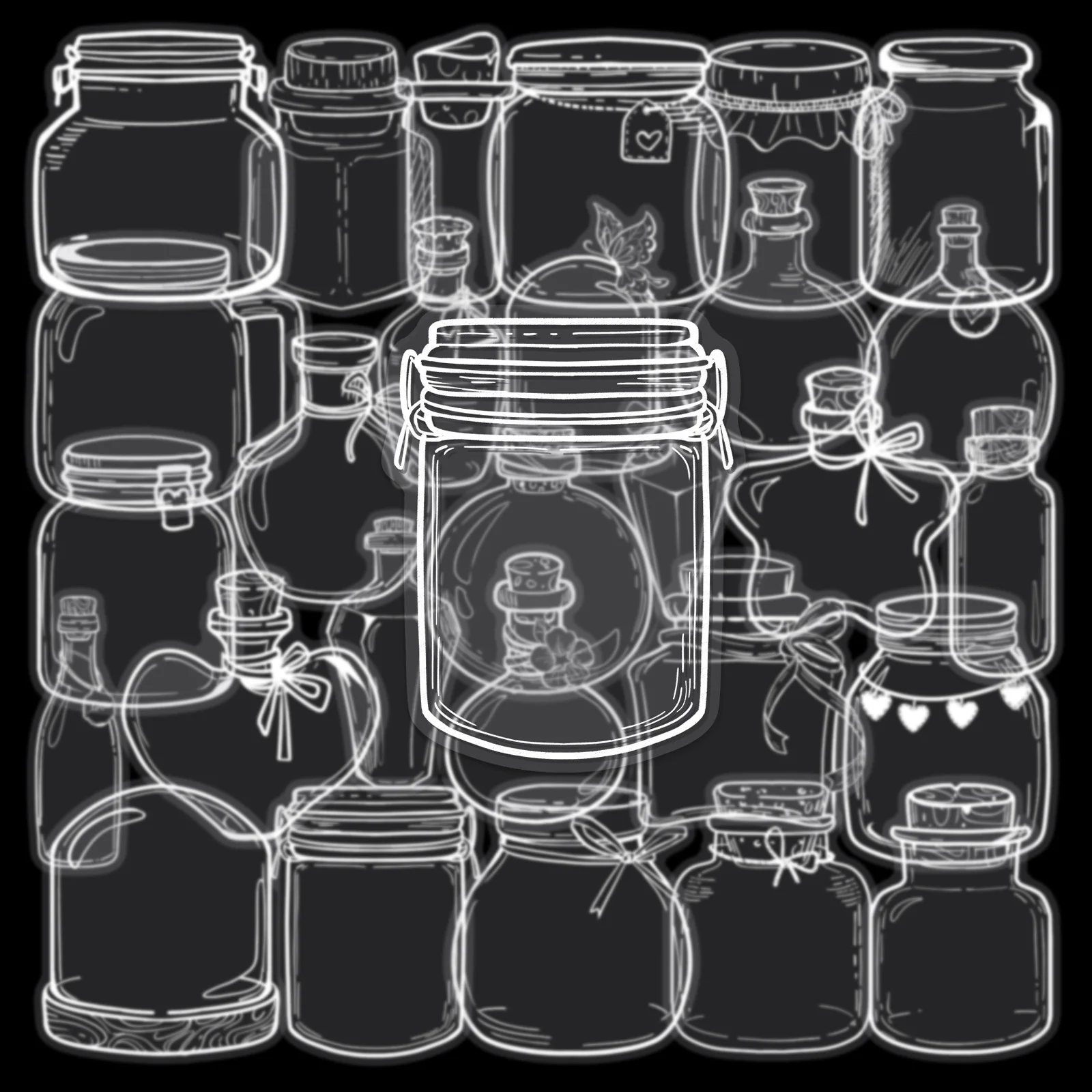 50 Pcs Wish Bottle PET Clear Stickers Hand-Drawn Minimalist Lines Doodle For Wall Scrapbooking Envelopes Tablets