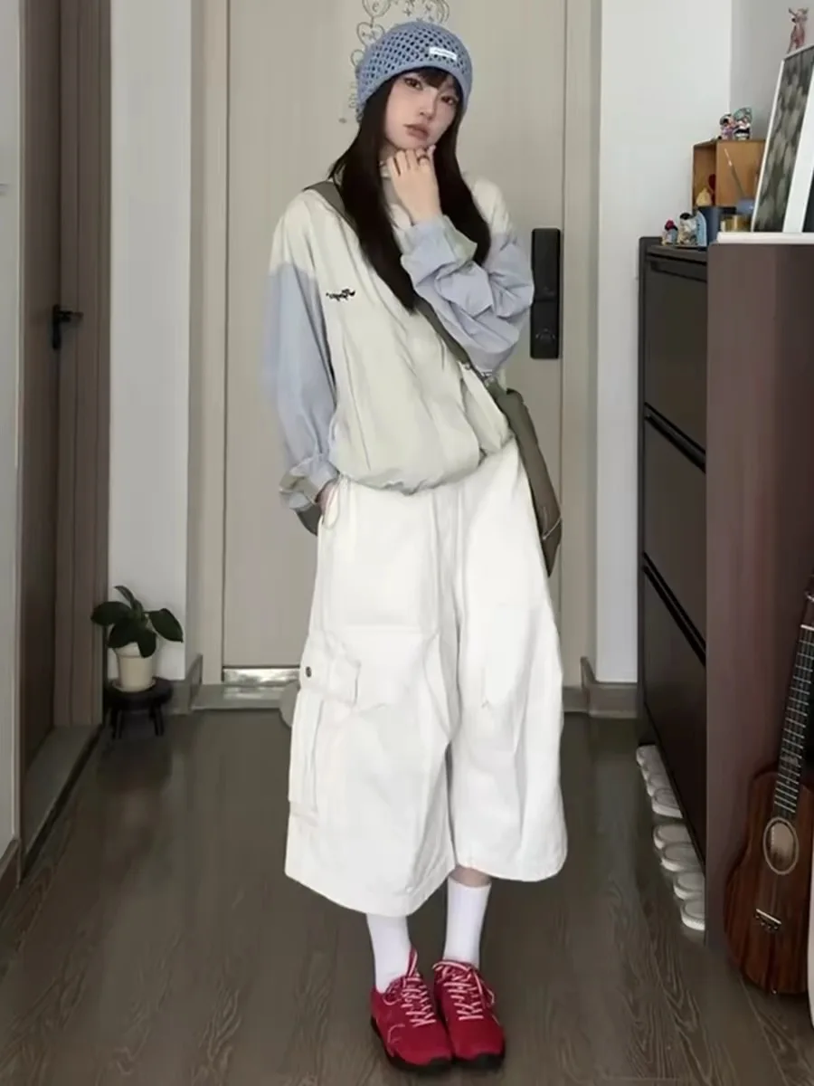 

American Style Women's Wide Leg Jeans High Waist Casual Loose Fit Summer Shorts with Big Pockets White Seven-Foot Jeans