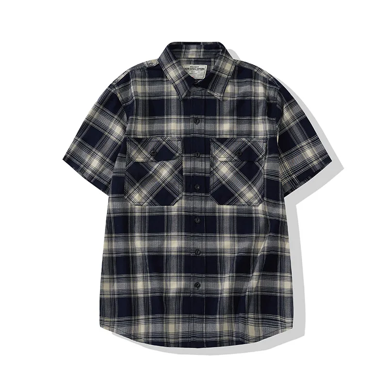 

2302 Men Summer Fashion Short Sleeve Vintage Plaid Shirt Japan Style Dual Pocket Casual Loose Blouses Teens Thin Daily Tops Male