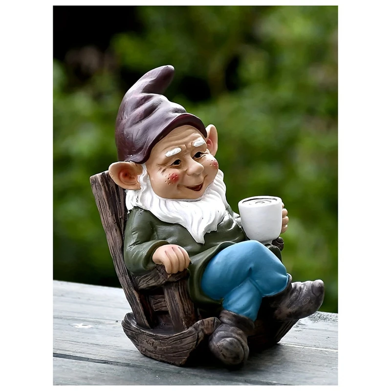 1 PCS Gnome Dwarf Rocking Chair Ornament Decoration Dwarf Drinking Tea In Rocking Chair Resin Outdoor Garden Decoration 15X6x7cm