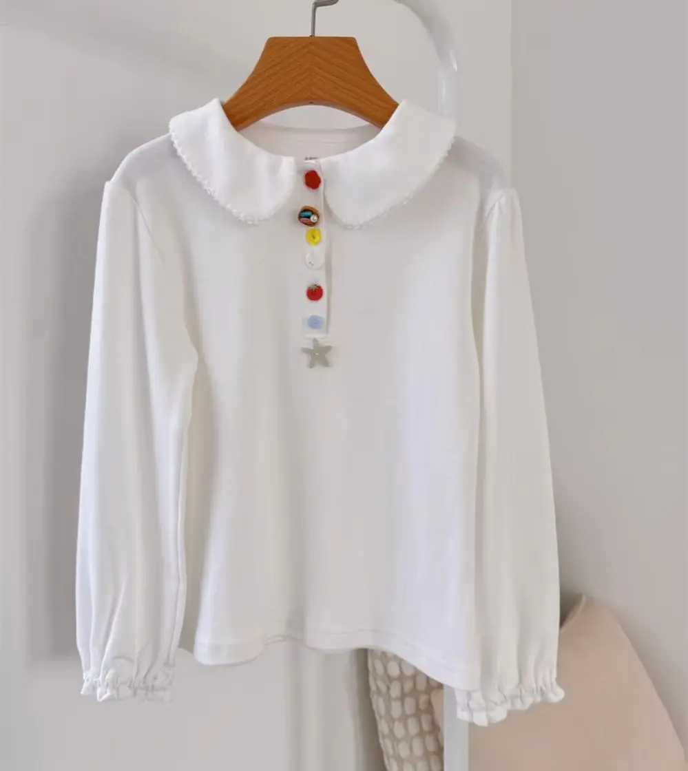 

spring kids clothes girls tops Cute custom colored shell buttons peter pan collar white T-shirt Girls' basic base t-shirt