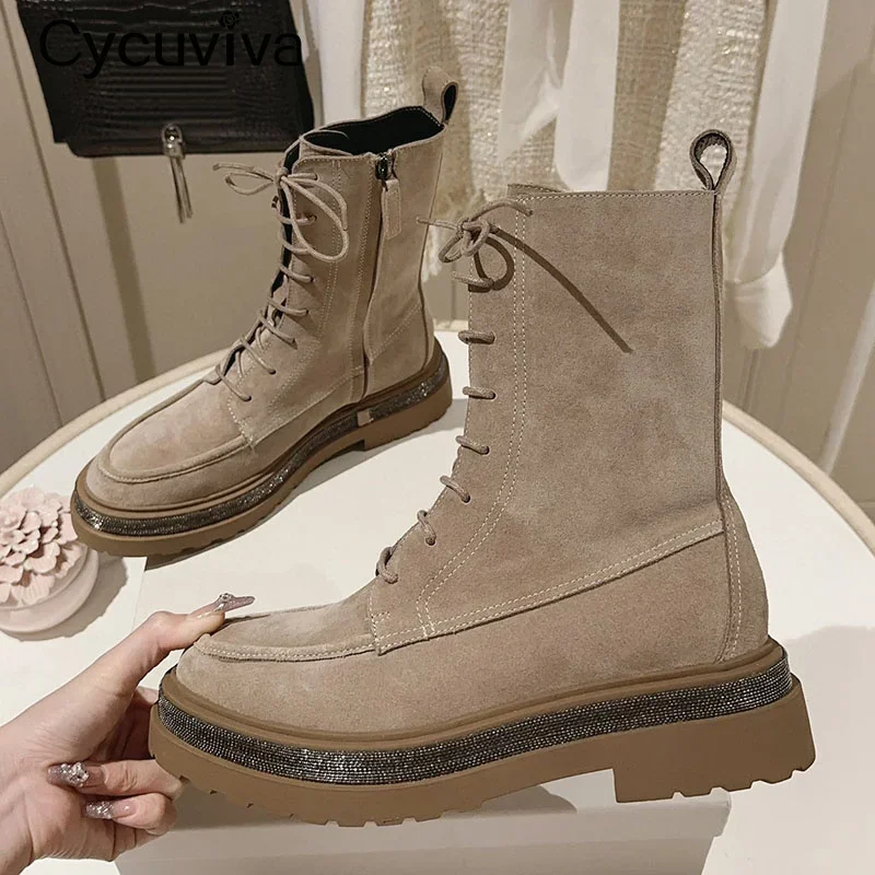 Autumn Leather Lace Up Platform Chelsea Boots Women Khaki Suede Leather Mid Calf Boots Casual Motorcycle Boots For Women